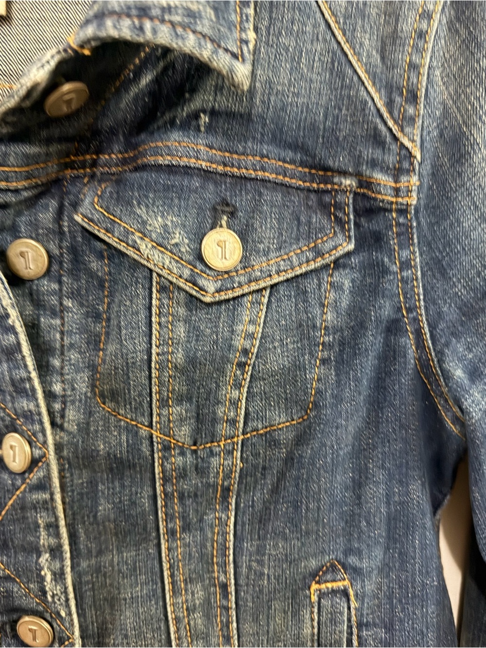 Pilcro Dark Blue Denim Distressed Classic Trucker Jacket. Size Medium - Picture 6 of 9